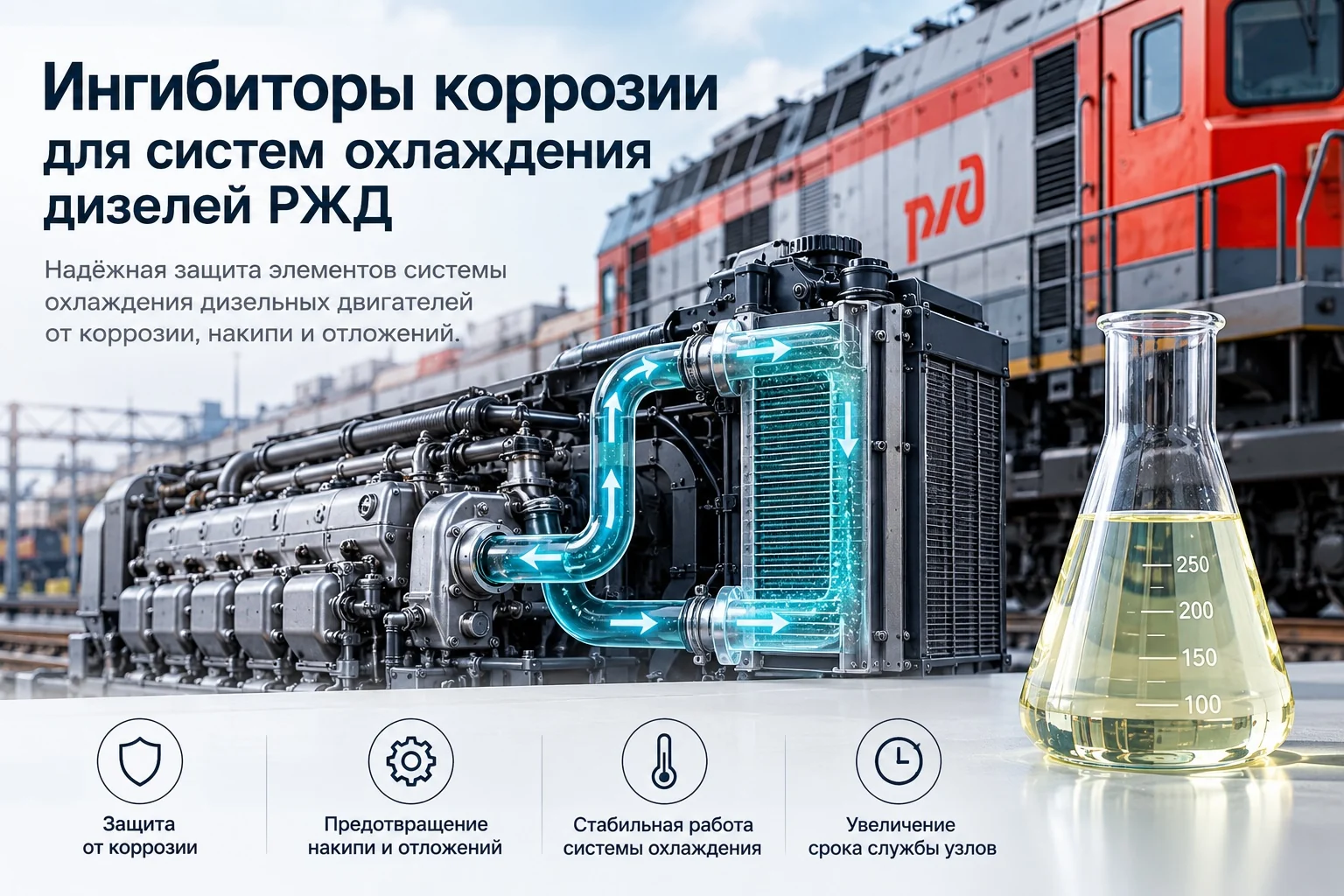 Ингибиторы коррозии для систем охлаждения дизелей РЖД: дизельный двигатель с системой охлаждения, теплообменник и колба с жидкостью на фоне локомотива